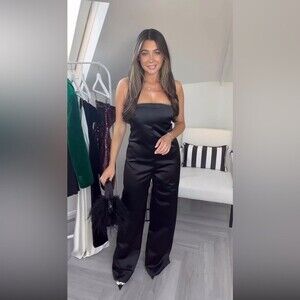 Zara Black Rhinestone Satin Jumpsuit sz M